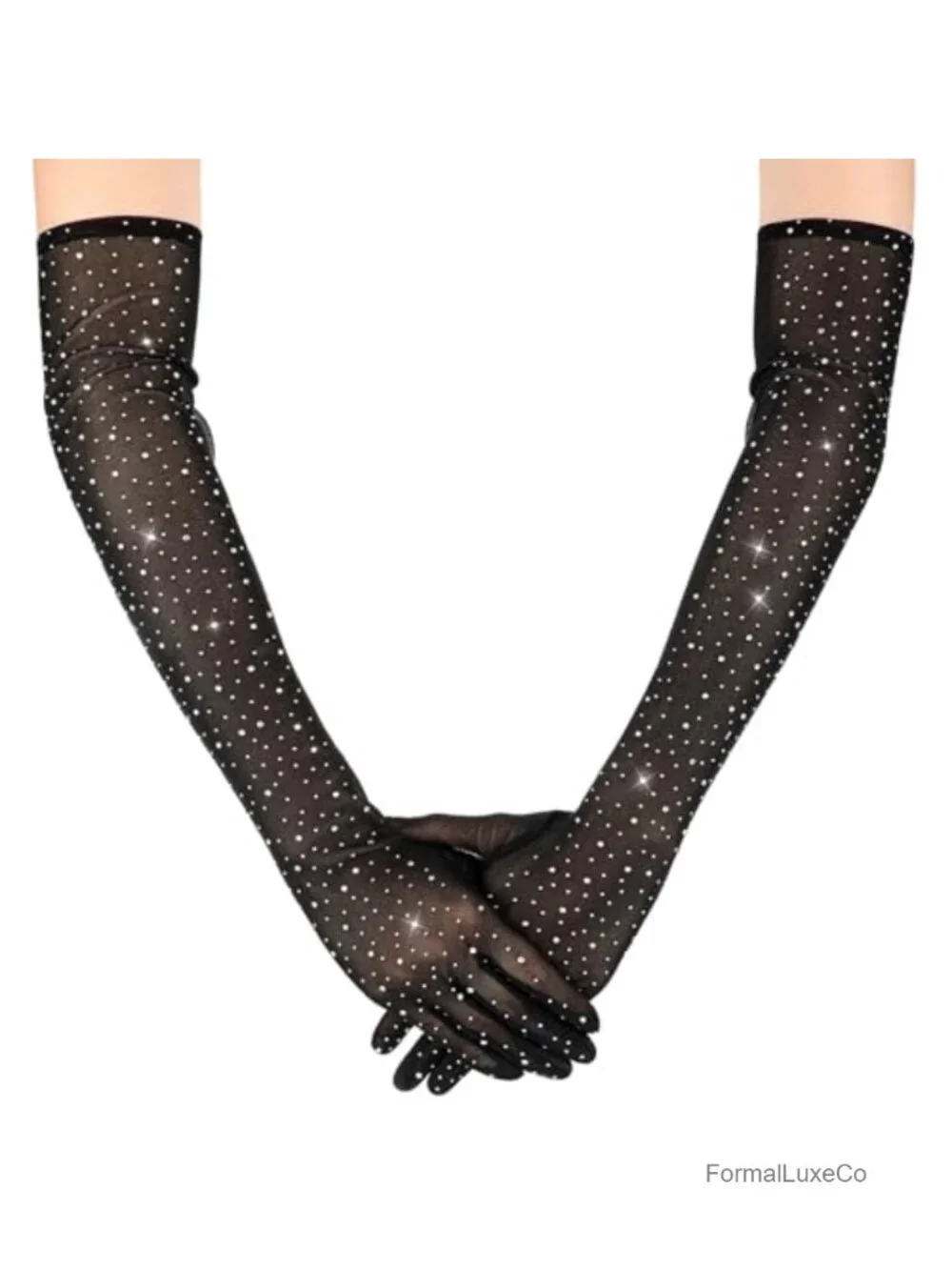 Rhinestone Long Gloves, Shiny Chiffon Elbow Gloves for Weddings, Dances, Parties